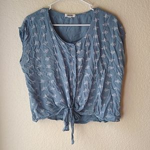 Modbe Viscose blue bird pattern tie button top